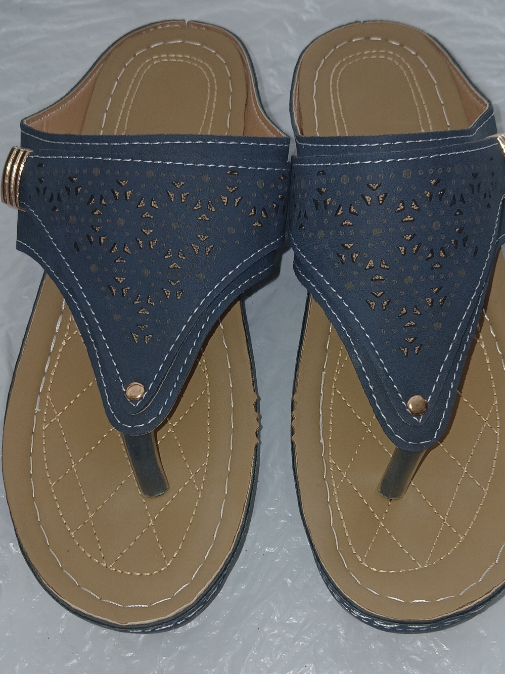 Source Unknown Navy Blue Laser-Cut Thong Sandals with Gold Accents